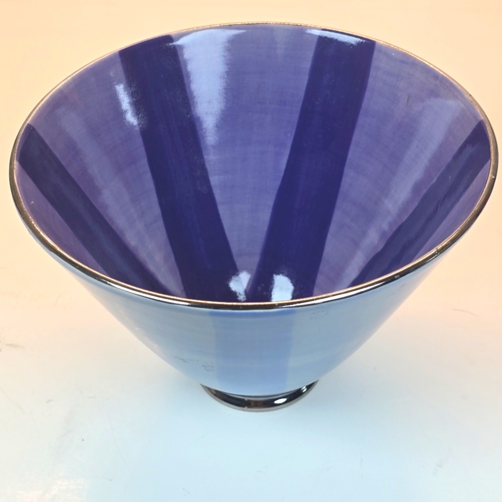 Porcelain Milani Handcrafted Serving Bowl Varied Blue Purple Stripes Rare Y2K 8"